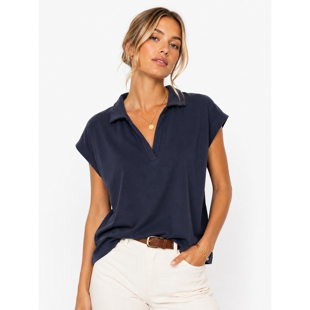 Thread & Supply Pageant Blue Collared Knit Sleeveless Top Navy M NWT